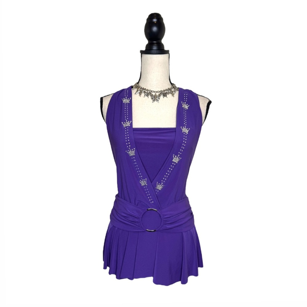 Y2K Solar Purple Rhinestone Crown Belted Halter Top Size Extra Large
